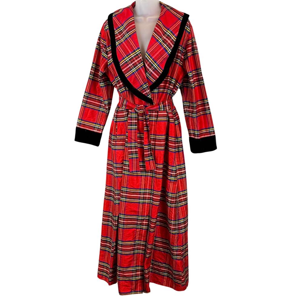 Vintage 90s Eileen West Plaid Pure Silk & Velvet Christmas Holiday Robe Size L